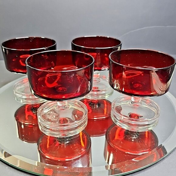 Ruby Red Cavalier Stem Glass 4pcs Dessert Bowls From Luminarc France - Picture 1 of 10